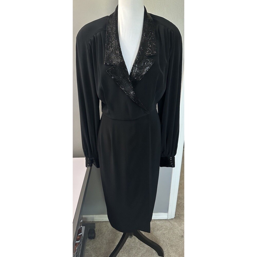 Vintage 80s 90s Size 8 D'ore Black Cocktail Dress Formal Beaded Cuffs Collar EUC